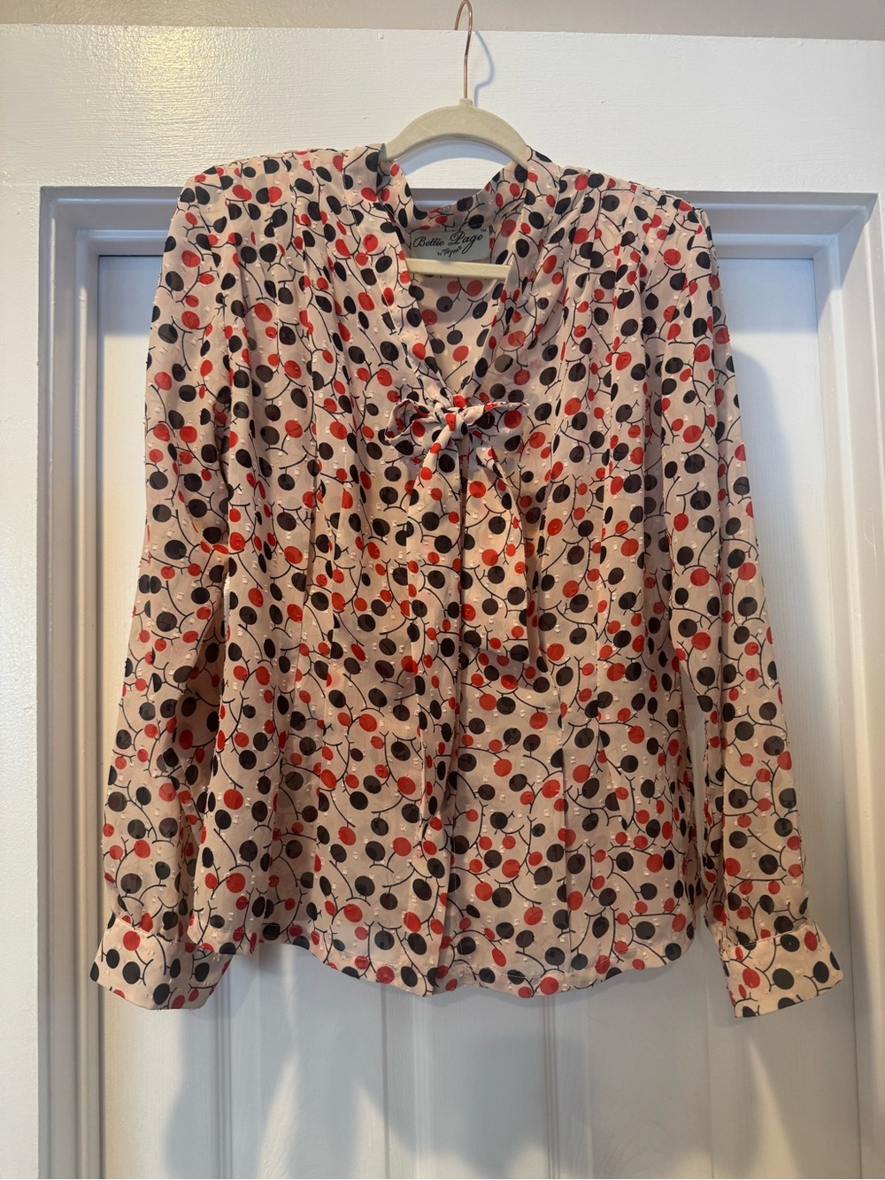 Vintage Tatyana Cream Blouse with Red & Black Dot Vine Print and Tie Neck